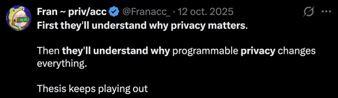 A tweet from @Franacc dated October 12, 2025, stating: 'First they'll understand why privacy matters. Then they'll understand why programmable privacy changes everything. Thesis keeps playing out.'