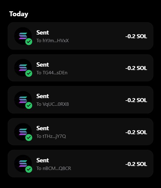 A screenshot of a transaction history showing five successful "Sent" transfers of 0.2 SOL each to various Solana wallet addresses (hYJm...HVxX, TG44...sDEn, VqUC...0RX8, tMHz...jY7Q, and n8CM...Q8CR), all marked with green checkmarks under a "Today" heading, appearing to document participation in a giveaway requiring a 0.2 SOL contribution for the MONA token.