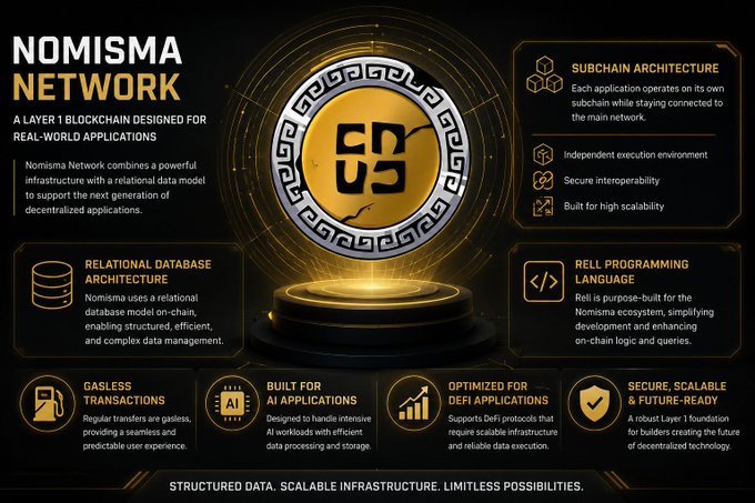 An infographic for Nomisma Network, a Layer 1 blockchain designed for real-world applications, highlighting features like subchain architecture, relational database architecture, and ReLL programming language.