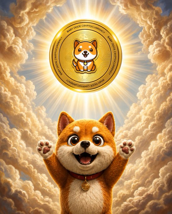 A joyful animated Shiba Inu puppy raises its paws beneath a glowing golden "Baby Doge Cryptocurrency" coin amid radiant heavenly clouds, symbolizing optimism and upward momentum for the BabyDoge community as they continue building toward the next chapter.