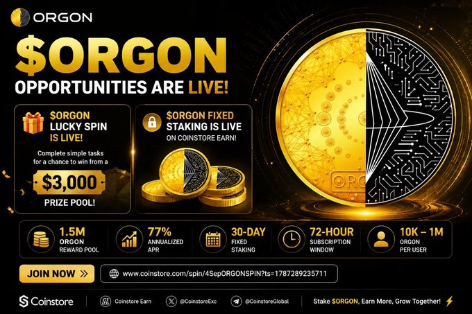 A promotional banner for '$ORGON' cryptocurrency on Coinstore, advertising a 'Lucky Spin' with a $3,000 prize pool and 'Fixed Staking' with a 77% APR, alongside stats like 1.5M reward pool and 30-day fixed staking.