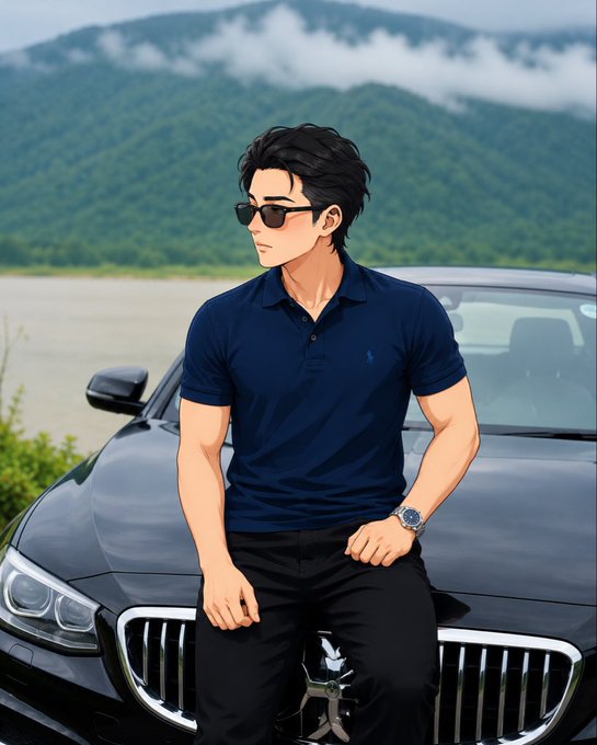 An anime-style illustration of a young man with dark hair and sunglasses, wearing a navy polo shirt and black pants, leaning against a black BMW car with mountains in the background.