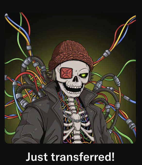 A cyberpunk-style illustration depicts a grinning skeleton wearing a brown beanie and dark jacket, with its body and face entangled in colorful wires and cables, featuring a red "X" patch over one eye socket. The caption "Just transferred!" appears at the bottom, playfully referencing the post's message about sending a 1/1 NFT to @crypto_czar_eth, with the skeleton and wiring visually symbolizing crypto/blockchain transfer activity.