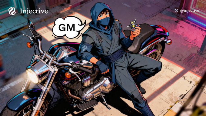 A hooded ninja character sits on a motorcycle holding a fidget spinner, with "GM" in a speech bubble and the "Injective" logo alongside the @injective handle displayed at the top. The illustration visually represents the crypto community's casual "gm" (good morning) greeting with a stealthy, on-theme ninja aesthetic.