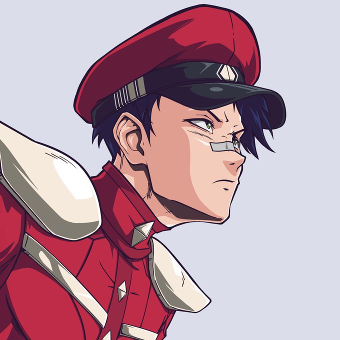 An anime-style illustration of a stern character wearing a red military-style uniform and cap, with a scar across his nose.