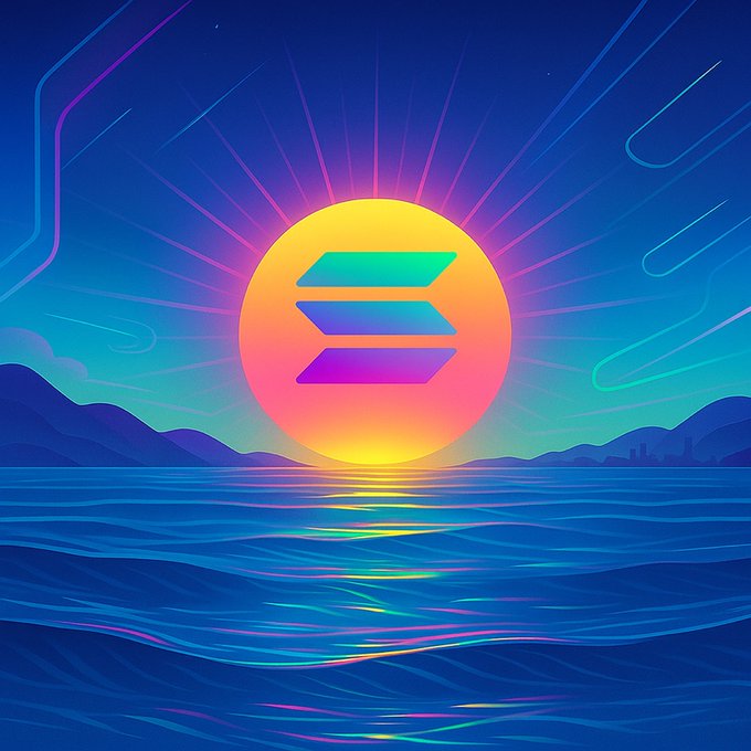 The image features a sunset over water with a large sun positioned in the center of the frame. The sun appears to be rising or setting, casting a warm glow across the scene. Surrounding this central point are mountains that add depth and perspective to the image. The colors used for the sun and sky create a vibrant and visually appealing composition.