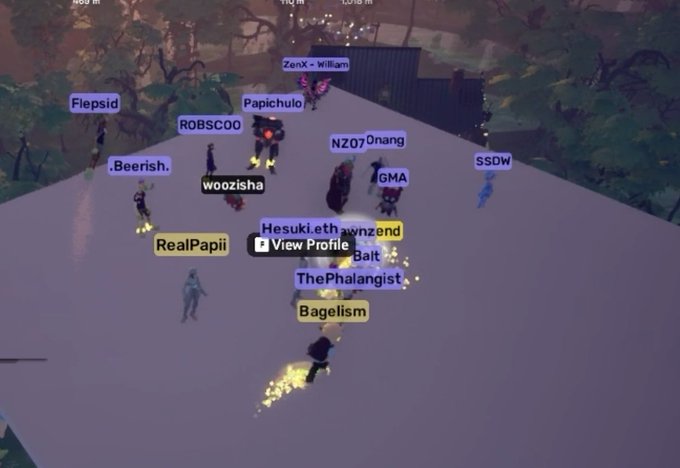 A video game scene showing multiple player characters with usernames like 'Flepsid', '.Beerish.', 'ZonX - William', and 'Bagelism' gathered on a snowy platform.