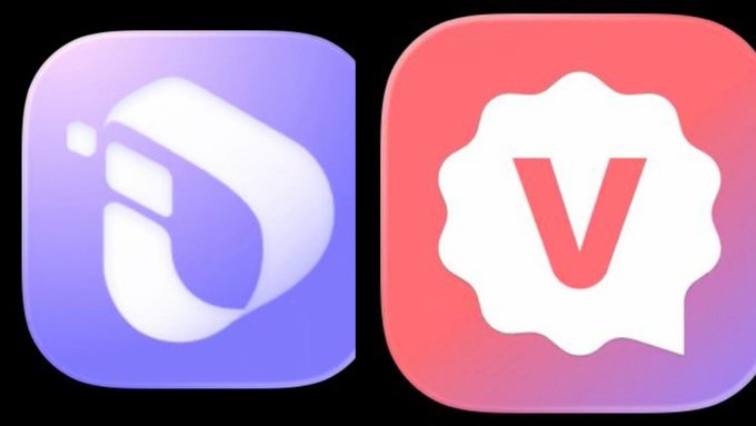 Two app icons on a black background: a purple icon with a stylized white 'D' logo and a pink/red gradient icon featuring a white 'V' badge.