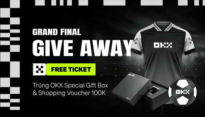 A promotional graphic for an "OKX Grand Final Giveaway" featuring a black jersey with OKX branding, a gift box, and a soccer ball icon, advertising a free ticket to win an "OKX Special Gift Box & Shopping Voucher 100K." The image visually highlights the giveaway prizes mentioned in the accompanying event details.