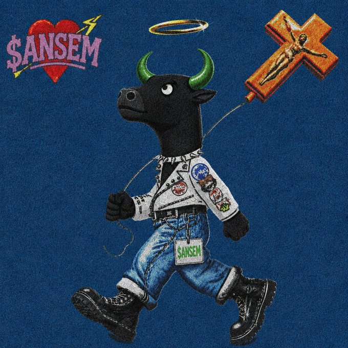 A graphic illustration of a black bull with green horns wearing a white denim jacket and jeans with a '$ANSEM' name tag, alongside '$ANSEM' logo and a 3D cross.
