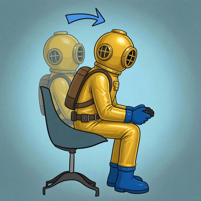 An illustration shows a person in a yellow hazmat suit and diving helmet sitting on a chair, holding a game controller, with a translucent ghost-like figure of themselves behind them and a blue arrow pointing from the ghost to the solid figure, suggesting a transformation or focus concept.