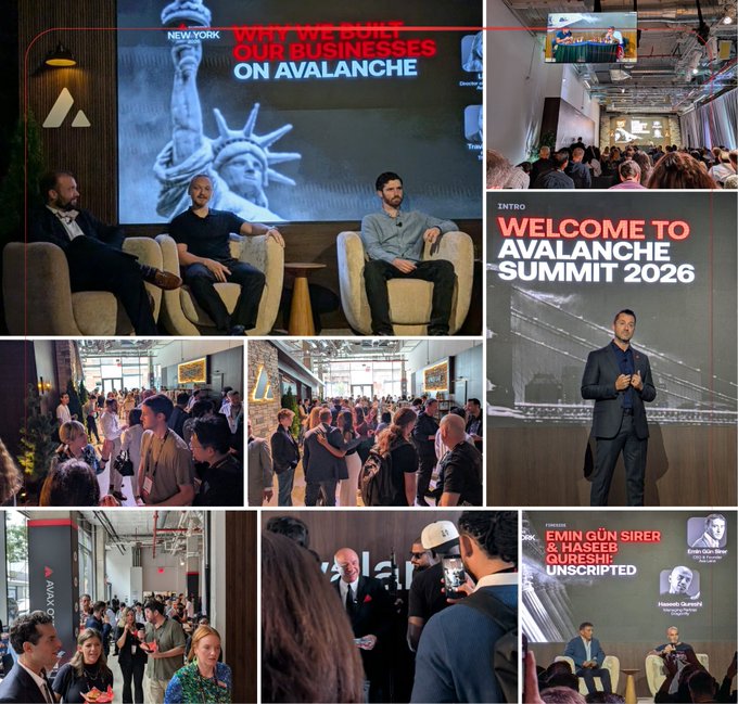 A collage of photos from the Avalanche Summit 2026 in New York, featuring panels on 'Why We Built Our Businesses on Avalanche,' keynote speeches, and crowds networking.
