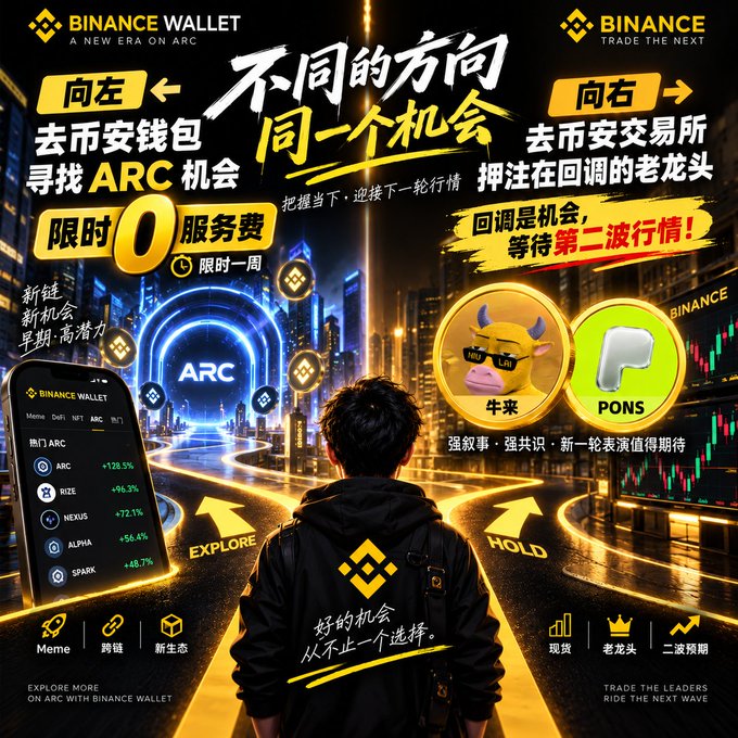 A Binance promotional image contrasting '向左' (left) directing users to Binance Wallet for 'ARC' opportunities with '0 服务费' (0 service fee), versus '向右' (right) directing users to Binance Exchange to 'HOLD' assets like PONS.