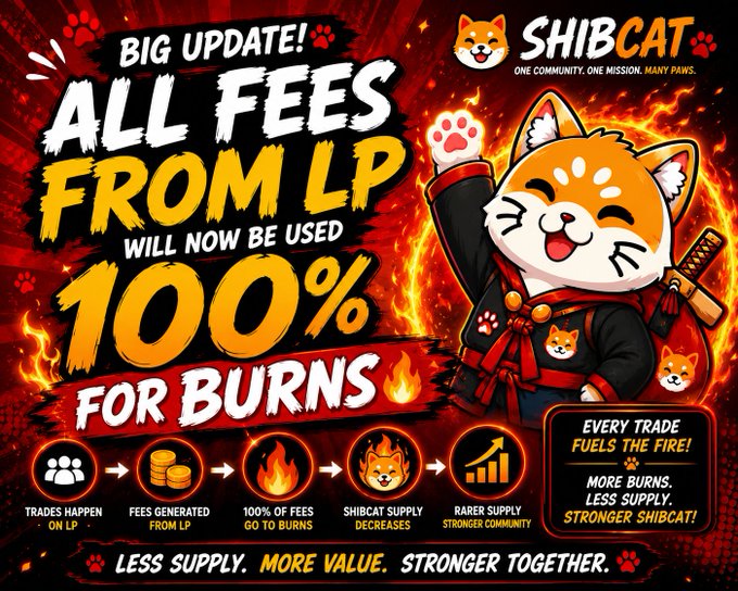 A vibrant promotional graphic for the SHIBCAT token, featuring a ninja-clad Shiba Inu character alongside bold text announcing "BIG UPDATE! ALL FEES FROM LP WILL NOW BE USED 100% FOR BURNS." The design includes a visual flow showing trades happening on LP, fees being generated, 100% going to burns, decreasing SHIBCAT supply, and resulting in a stronger community—directly illustrating the post's message about supply reduction and ecosystem strength.