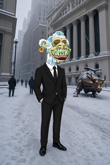 A surreal edit shows a figure in a sharp black suit with a grotesque, grinning troll-like face and a Santa hat standing in a snowy street near the Wall Street Bull statue and the New York Stock Exchange.