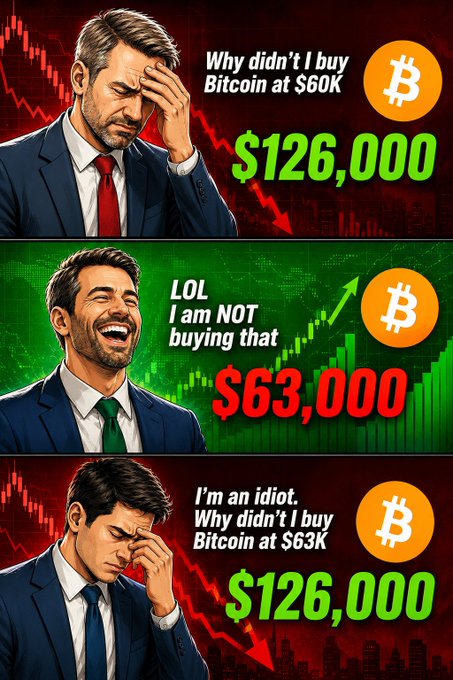 A three-panel meme shows a man regretfully missing Bitcoin at $60K, mockingly laughing off Bitcoin at $63K, and then again regretting not buying at $63K—now that Bitcoin has reached $126,000. The imagery humorously illustrates the emotional cycle of hesitation and regret in crypto investing, tying directly to the post's question "Is this happening again #Bitcoin."