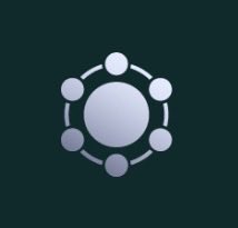 A minimalist logo on a dark green background shows a central light purple circle surrounded by six smaller circles arranged in a ring with connecting arcs.