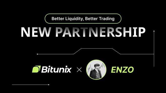 A promotional graphic announces a new partnership between Bitunix and ENZO, featuring the tagline "Better Liquidity, Better Trading" above their logos on a black background. The image visually supports the announcement by highlighting the collaboration between the trading platform and influencer ENZO.