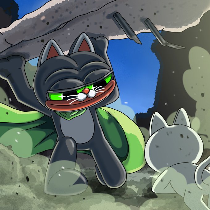 A cartoon black cat with glowing green eyes and a wide grin holds up a concrete slab, with a smaller grey cat-like figure standing nearby.
