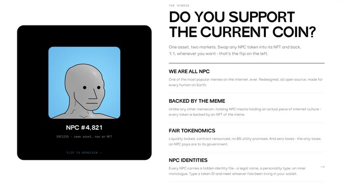 A webpage titled 'DO YOU SUPPORT THE CURRENT COIN?' features a gray NPC avatar on a blue background labeled 'NPC #4,821' alongside sections about 'WE ARE ALL NPC' and 'BACKED BY THE MEME'.
