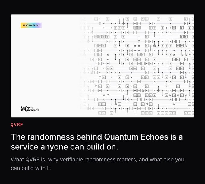 An "ANNOUNCEMENT" banner from Quip Network explains QVRF (Quantum Verifiable Random Function) and its role in Quantum Echoes, featuring a stylized quantum circuit diagram. The post connects to the image by highlighting how QVRF's 256-bit seeds enable verifiable randomness in their Echoes system, where the "transcript has to hold" after reveals.