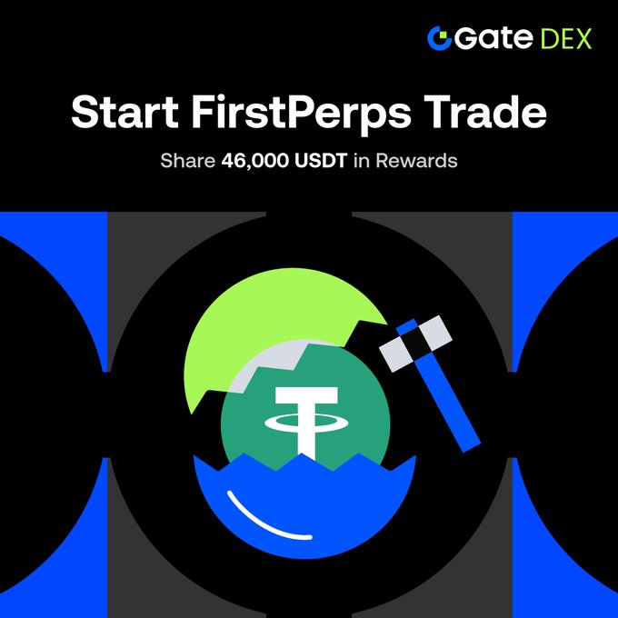 The image shows an advertisement poster featuring an illustration of three blue eggs with white spots, surrounded by various symbols related to crypto trading and blockchain technology. The text on the poster explains that this event is exclusive and related to Gate Perp DEX, where people can trade and invest in a newly developed cryptocurrency called "Tether", which could potentially generate returns. The promotion emphasizes a fixed reward of 10-50 US dollars per token for participating in this first trade event.