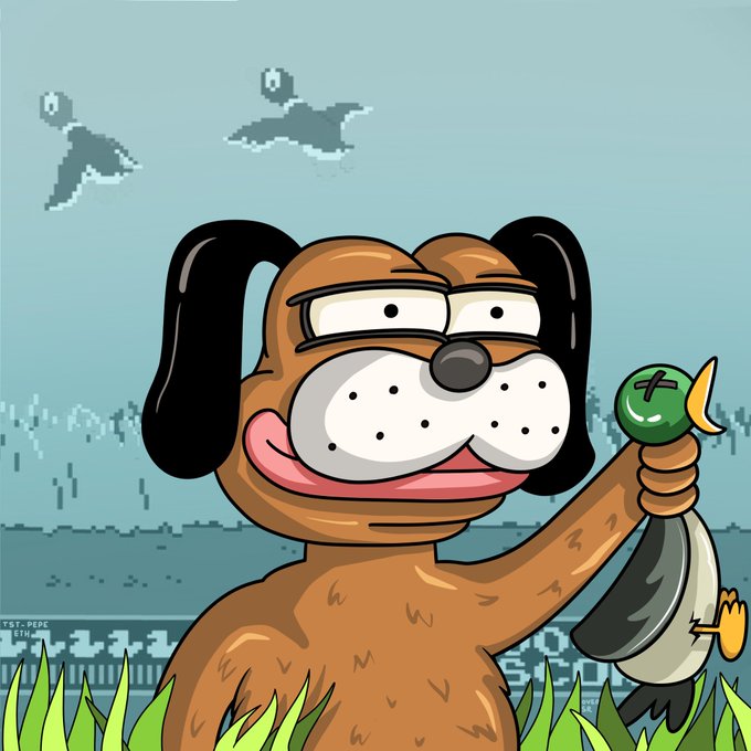 A cartoon illustration of a brown dog with large black ears holding a mallard duck by the neck in a grassy field with pixelated birds in the sky.