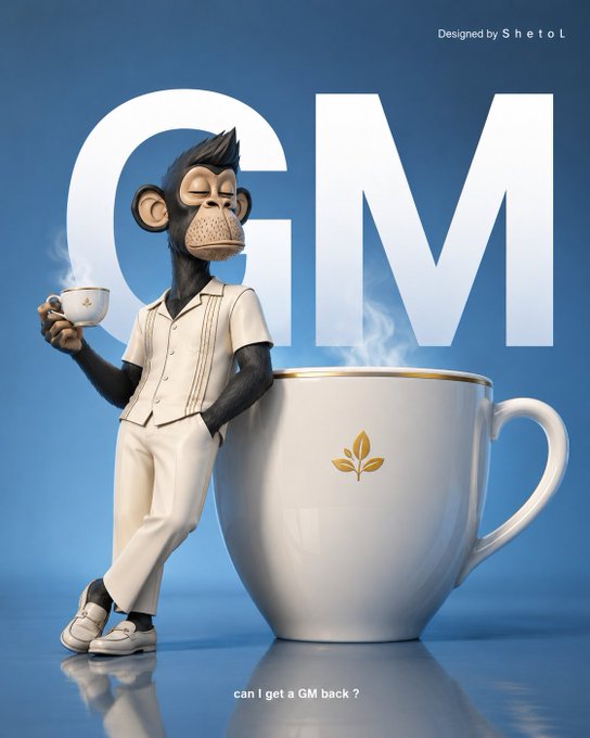 The image features a stylish animated chimpanzee dressed in a cream-colored outfit, casually leaning against an oversized teacup while holding a smaller cup of coffee, with the letters "GM" displayed prominently in white behind him on a blue background. The text "Designed by ShetoL" appears in the top right, and at the bottom, the caption reads "can I get a GM back?" — playfully referencing the "GM" (good morning) greeting, which ties into the Tria FC World Cup campaign as a lighthearted way to engage the community and encourage participation in the prediction game.