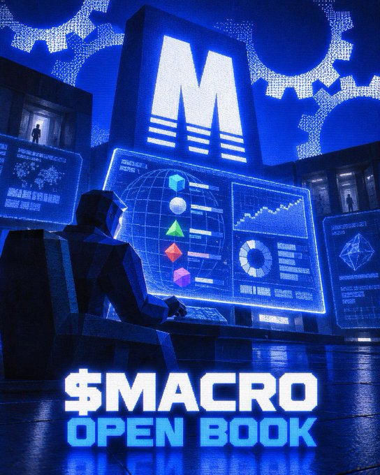 A digital artwork shows a figure at a glowing computer terminal beneath a large 'M' logo and gears, with the text '$MACRO OPEN BOOK' displayed prominently.