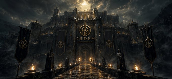 A dark, epic fantasy depiction of a massive medieval castle labeled 'ORDEM' with banners lining a bridge where hooded figures stand guard under a moonlit sky.