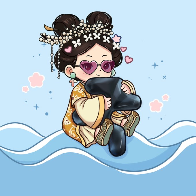 A cute digital illustration of a cartoon girl with traditional double buns, floral hair accessories, and pink heart-shaped sunglasses, holding a black guitar while sitting on stylized blue waves.