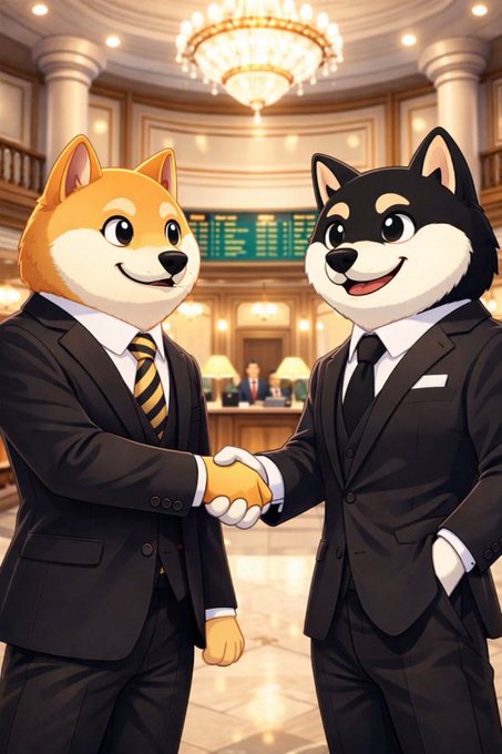A cartoon-style illustration depicts an orange Shiba Inu and a black Shiba Inu, both wearing sharp black suits, shaking hands in an ornate, chandelier-lit hall.
