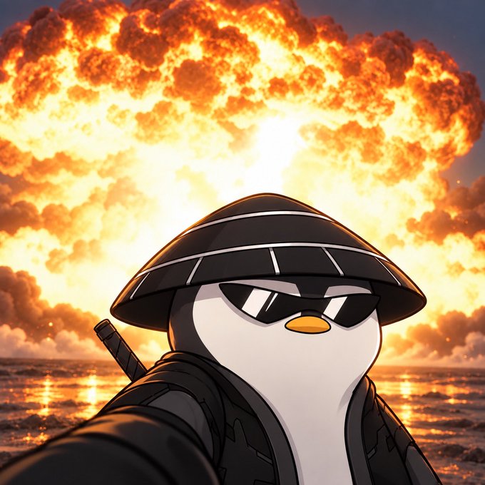 A stylized digital illustration of a cartoon penguin wearing sunglasses, a conical hat, and a black jacket with a sword on its back, set against a dramatic backdrop of a massive orange explosion over the ocean.