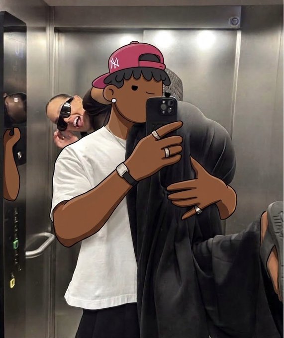 A selfie in an elevator with a cartoonish filter overlay showing a figure in a red NY cap taking a mirror photo while a smiling person with sunglasses poses in the background.