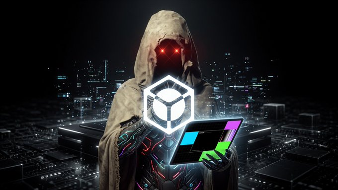 A hooded figure with glowing red eyes stands over a cyberpunk cityscape, holding a laptop displaying a colorful interface and a glowing cube logo representing the AURA token. The image's mysterious, tech-noir aesthetic reinforces the post's theme of monitoring live crypto campaigns, contribution scores, and the AURA airdrop's final days.