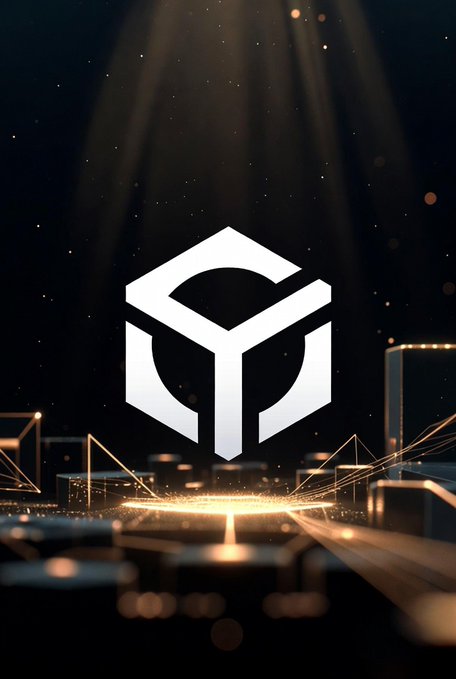 A glowing white 3D cube/hexagonal logo illuminated by spotlights in a dark, futuristic cityscape with golden light trails.