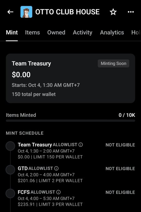 A mobile screenshot of an 'OTTO CLUB HOUSE' NFT collection page, showing mint schedule details including Team Treasury, GTD Allowlist at $201.06, and FCFS Allowlist at $235.91.