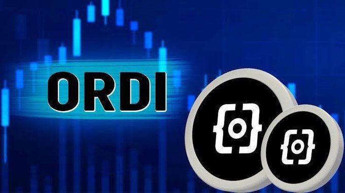 The image features the text "ORDI" displayed prominently alongside two ORDI token logos, set against a blue backdrop of a cryptocurrency price chart. This visual aligns with the post's announcement from the ORDI Foundation about upcoming details regarding ORDIS's new ecology.