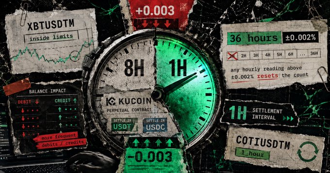 A KuCoin promotional graphic for XBTUSDTW and COTIUSDTM perpetual contracts, highlighting 8-hour and 1-hour settlement intervals with a ±0.002% reading limit and -0.003 price movement.