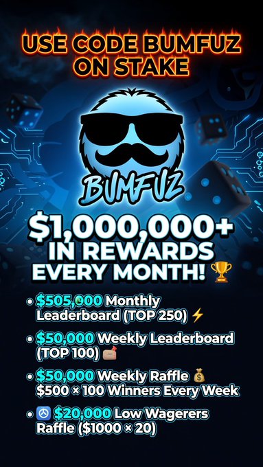 A promotional graphic with the text 'USE CODE BUMFUZ ON STAKE' at the top, a central logo of a smiley face with sunglasses and mustache labeled 'BUMFUZ', advertising '$1,000,000+ IN REWARDS EVERY MONTH!' with bullet points for various leaderboards and raffles.