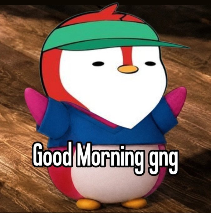 The image features a stuffed penguin wearing a blue shirt, green hat, and pink shorts standing upright with its arms outstretched as if posing for a photo or video. The background of the image appears to be a wooden floor. Below this image, there is a caption that reads "Good Morning Gng". This suggests that the image might have been taken during a morning scene or event, possibly related to a social media post or promotional material.