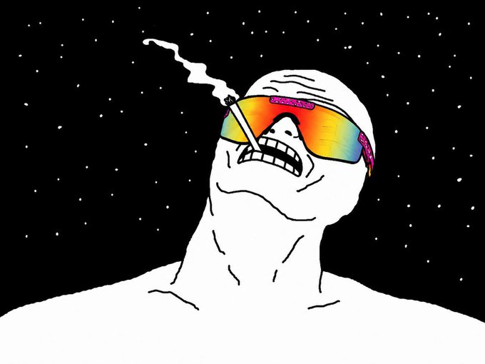 A stark black-and-white Wojak meme character with a strained, teeth-gritting expression wears rainbow-colored "WOJAK" sunglasses while smoking a joint against a starry black background, humorously capturing the euphoric yet anxious high of gambling an entire Ethereum on the memecoin $WOJAK.