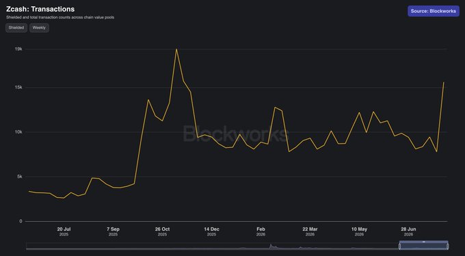 A line chart titled "Zcash: Transactions" from Blockworks displays shielded and weekly transaction counts on the Zcash blockchain, showing a sharp spike to nearly 20k around late October 2025 followed by volatility and a renewed surge to ~15k at the end of the timeline. The chart's dramatic upward spikes, particularly the recent jump, visually support the post's claim that ZEC shielded transactions are surging after a period of chop, reinforcing the narrative around renewed privacy coin activity.