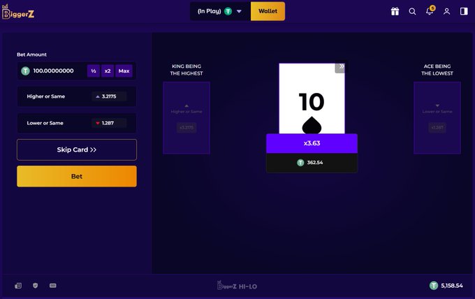 A screenshot of the BiggerZ Hi-Lo gambling platform shows a current bet of 100.00 with a 10 of Spades card displayed alongside a x3.63 multiplier and $362.54 winnings, illustrating the user's Hi-Lo betting session as they attempt to grow their bankroll toward $100,000 using the referral code "TAB."