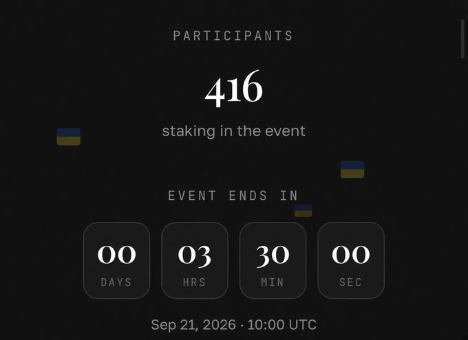 A dark event dashboard showing '416 PARTICIPANTS staking in the event' with a countdown timer of 00 days, 03 hours, 30 minutes, and 00 seconds until Sep 21, 2026.