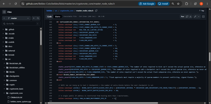 A GitHub code repository view showing C++ source code for 'cryptonote_core / master_node_rules.h'.