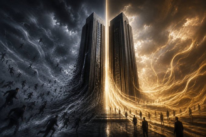 A dramatic digital artwork depicting two towers splitting the sky, with shadowy figures fleeing in a storm on the left and people ascending golden stairs toward the light on the right.