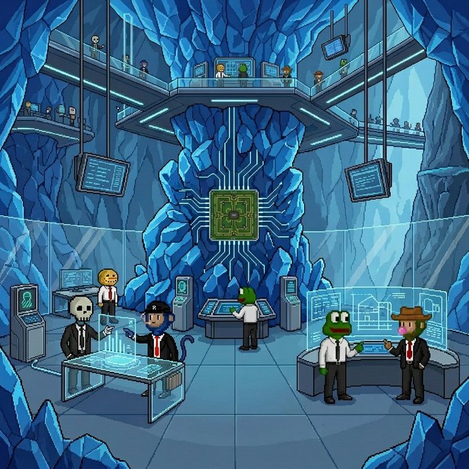 An illustrated underground secret lair carved into blue rock featuring anthropomorphic animal characters including a bear, a monkey in a tie, and frogs, working at computer terminals around a central circuit-board emblem.