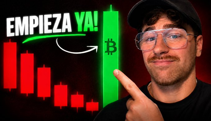 A thumbnail-style image featuring a man pointing at a candlestick chart, with text 'EMPIEZA YA!' (Start now!) and a glowing green Bitcoin symbol indicating a bull market.