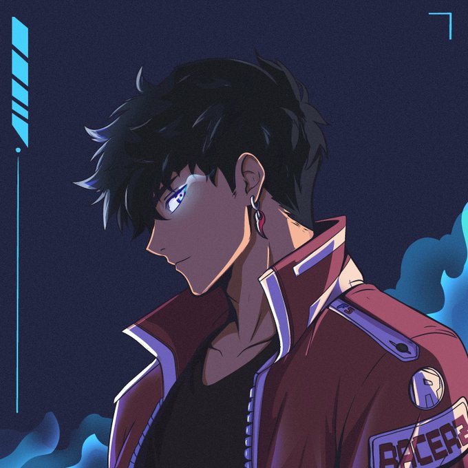 An anime-style illustration of a young man with dark messy hair, blue eyes, and a red earring, wearing a maroon jacket with "RACER" visible on it.